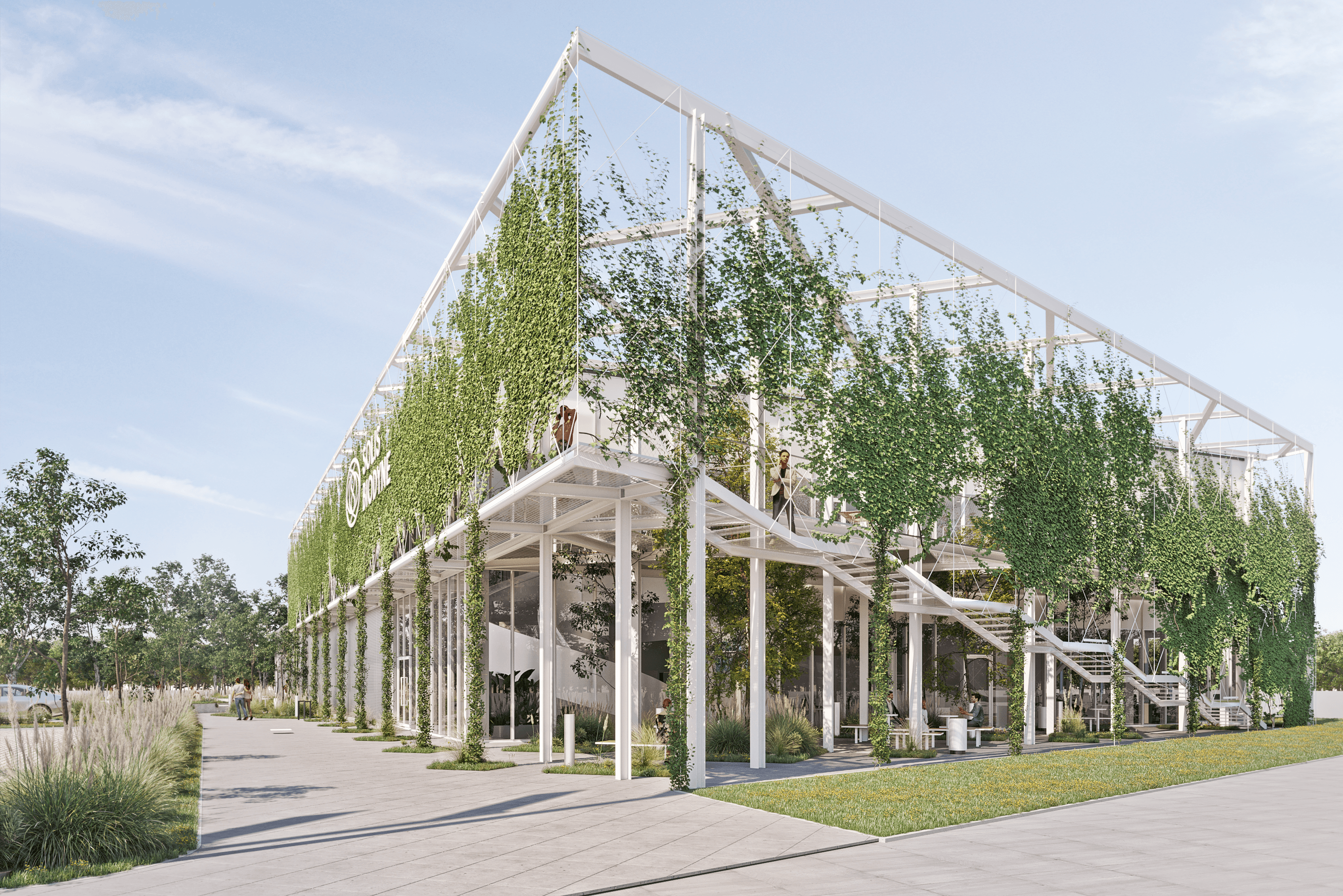 Facade with lush vegetation in Solis BioDyne in Tartu