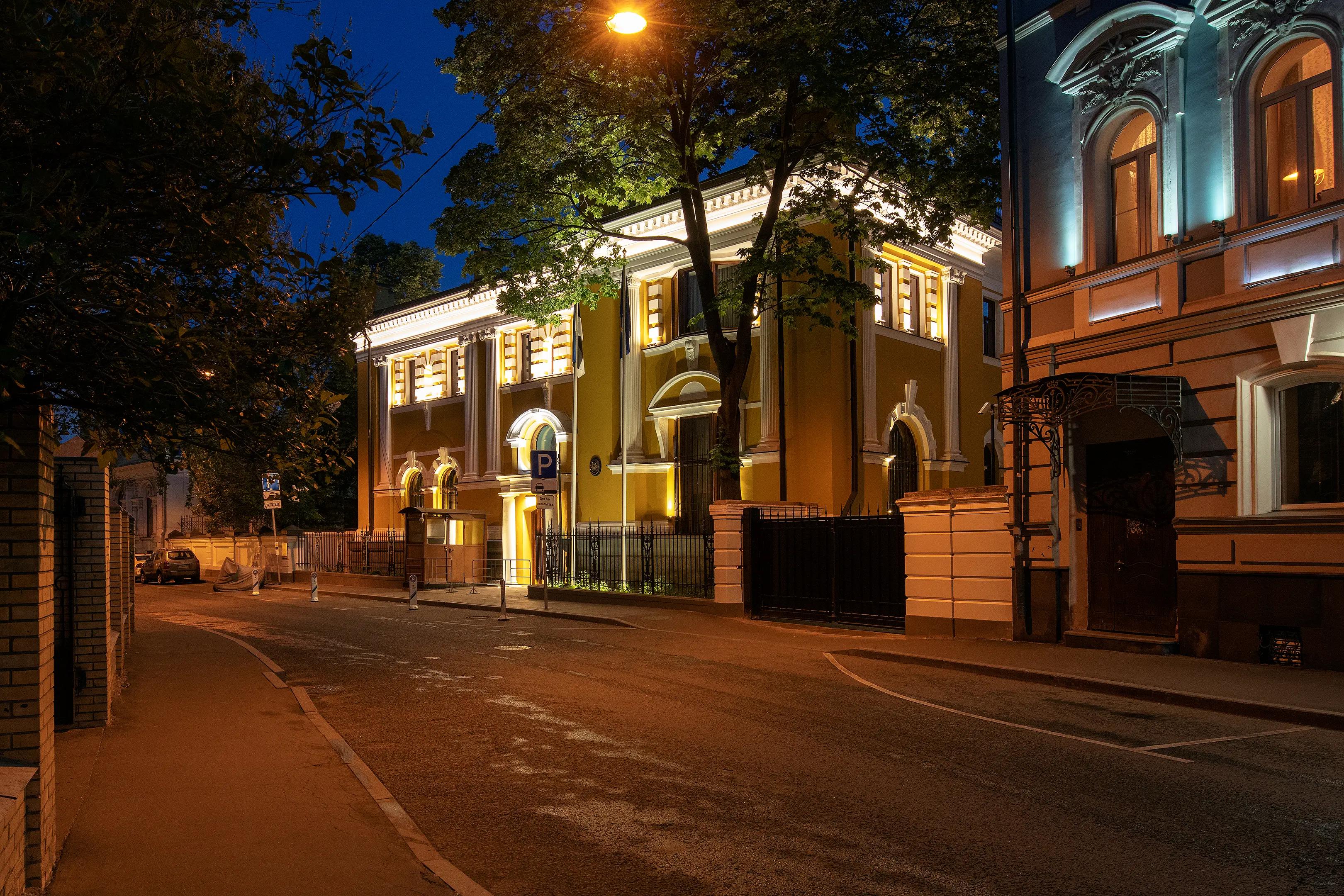 Estonian Embassy in Moscow during nighttime